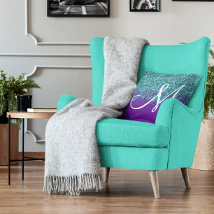 Violet Purple and Teal Ombre Glitter Monogrammed Throw Pillow