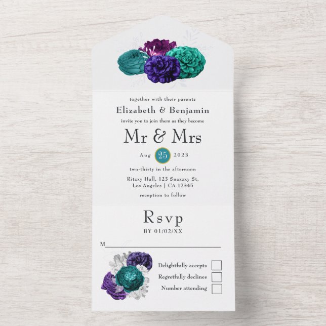 Violet, Purple and Turquoise Floral Wedding All In All In One Invitation (Inside)