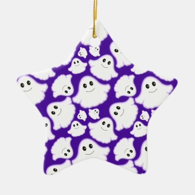 Violet Purple and White Halloween Ghost; Ghosts Ceramic Ornament (Front)