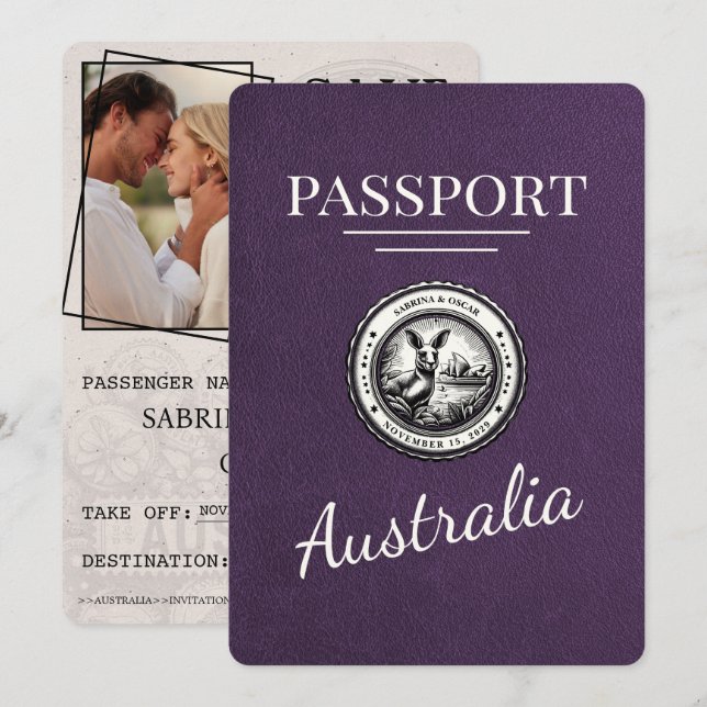 Violet Purple Australia Passport Save The Date (Front/Back)