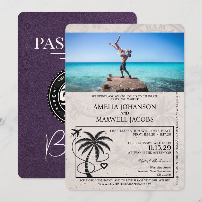 Violet Purple Bahamas Passport Wedding Invitation (Front/Back)