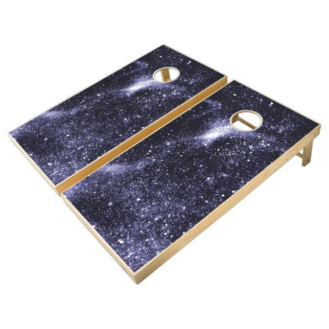Violet purple black abstract galaxy cornhole set (Angled)