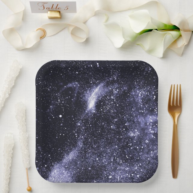 Violet purple black abstract galaxy paper plates (Wedding)