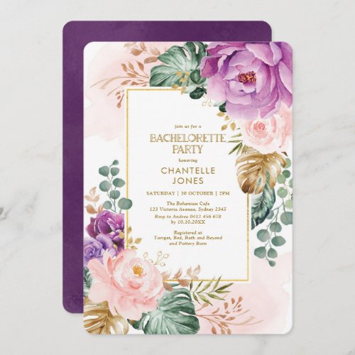 Violet Purple Blush Tropical Floral Bachelorette Invitation