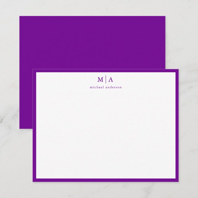 Violet Purple Border Monogram Correspondence Card (Front/Back)