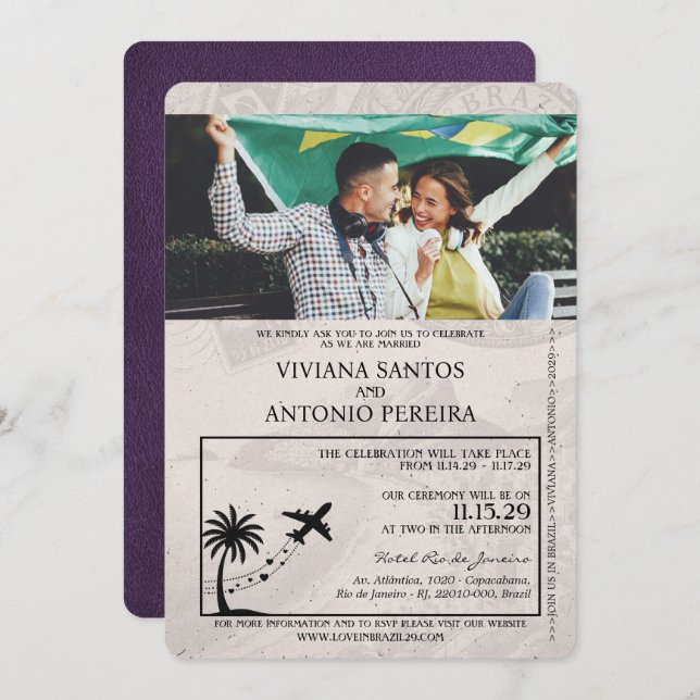 Violet Purple Brazil Passport Wedding Invitation (Front/Back)