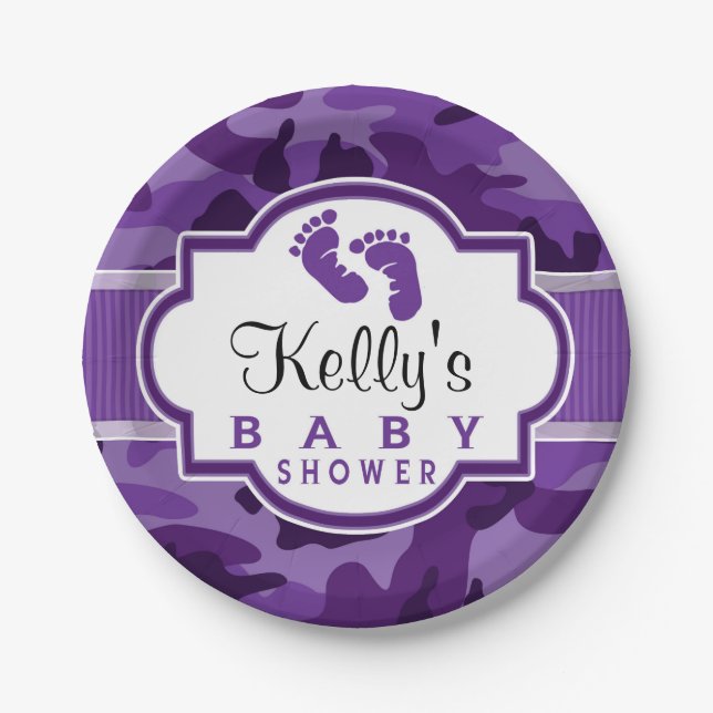 Violet Purple Camo, Camouflage Baby Shower Paper Plates (Front)