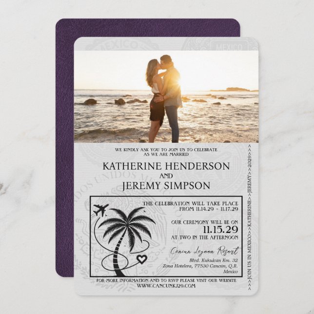 Violet Purple Cancun Passport Wedding Invitation (Front/Back)