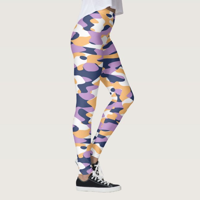Violet Purple Dark Blue Yellow Camouflage Pattern Leggings (Right)