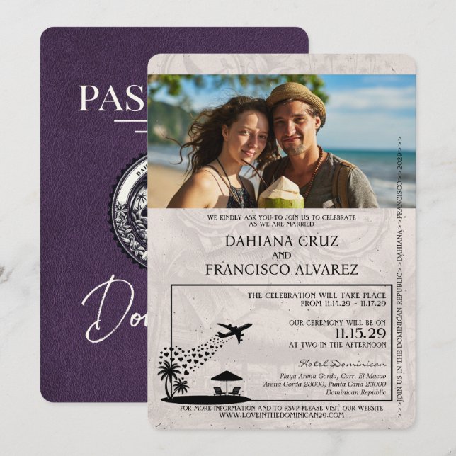 Violet Purple Dominican Republic Passport Wedding Invitation (Front/Back)