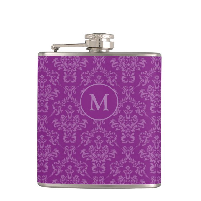 Violet Purple Elegant Vintage Damask Monogram Flask (Front)