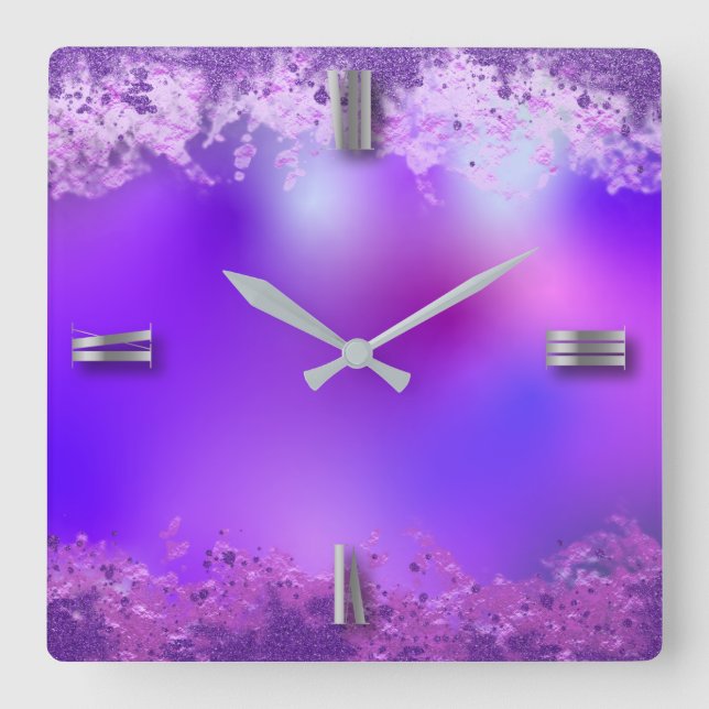 Violet Purple Fancy Abstract Modern Glam Glitter Square Wall Clock (Front)