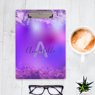 Violet Purple Faux Glitter Fancy Glam Monogram Clipboard