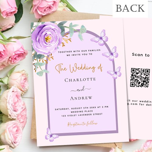 Violet purple floral arch QR RSVP budget wedding