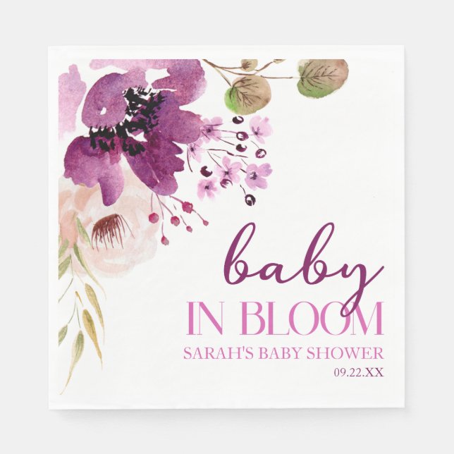 Violet Purple Floral Baby In Bloom Baby Shower Napkins (Front)