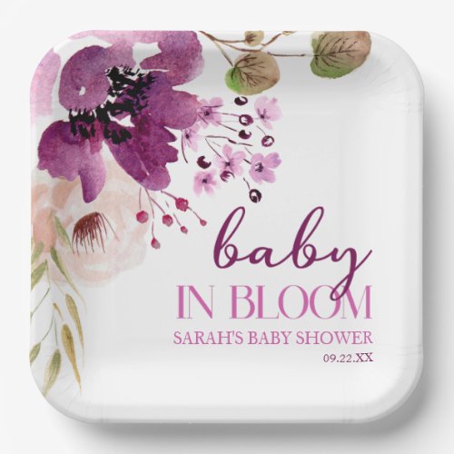 Violet Purple Floral Baby In Bloom Baby Shower Paper Plates