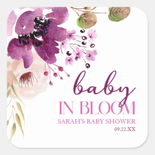 Violet Purple Floral Baby In Bloom Baby Shower Square Sticker