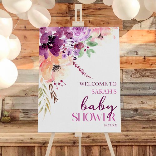 Violet Purple Floral Baby Shower Welcome Sign