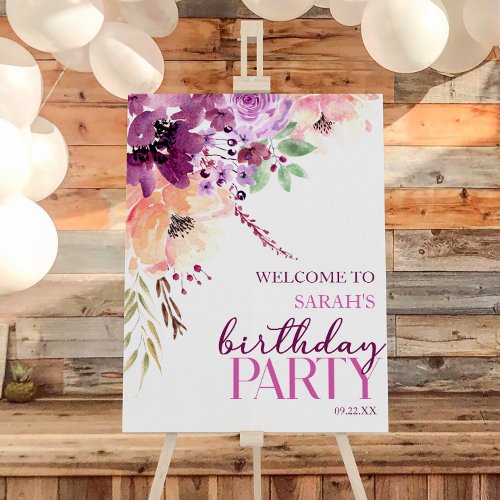 Violet Purple Floral Birthday Party Welcome Sign