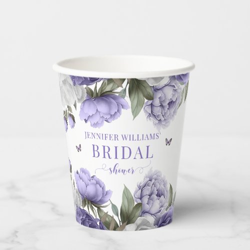 Violet purple floral bridal shower paper cups