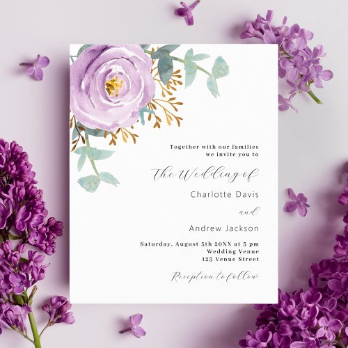 Violet purple floral budget wedding invitation