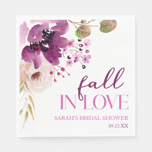 Violet Purple Floral Fall In Love Bridal Shower Napkins