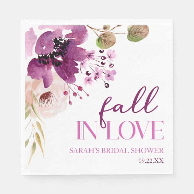 Violet Purple Floral Fall In Love Bridal Shower Napkins (Front)