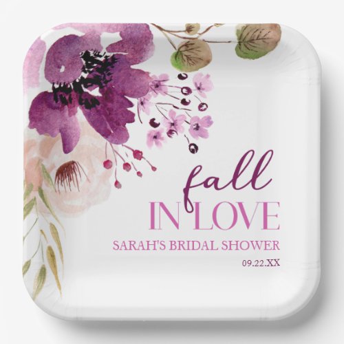 Violet Purple Floral Fall In Love Bridal Shower Paper Plates