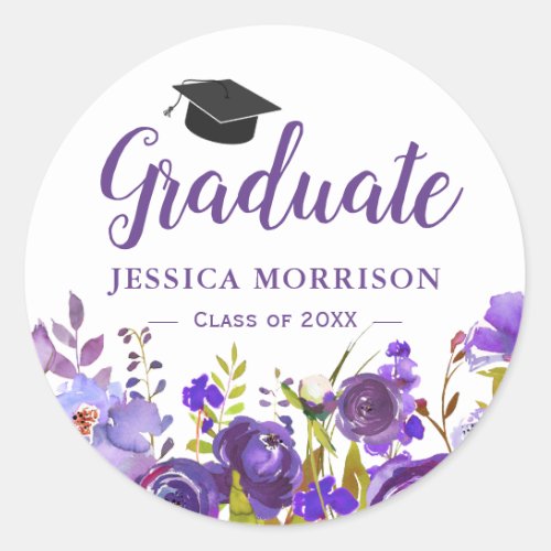 Violet Purple Floral Graduate Graduation Favor Classic Round Sticker - Customize this "Violet Purple Floral Graduate Graduation Favor Sticker" to add a special touch. 
(1) For further customization, please click the "Customize" button and use our design tool to modify this template. 
(2) If you need help or matching items, please contact me.