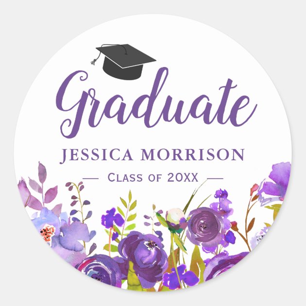 Violet Purple Floral Graduate Graduation Favor Classic Round Sticker