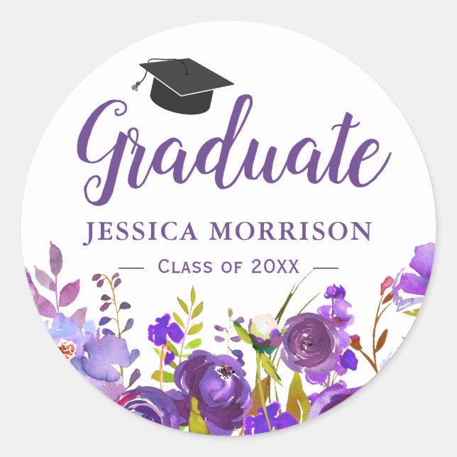 Violet Purple Floral Graduate Graduation Favor Classic Round Sticker (Front)