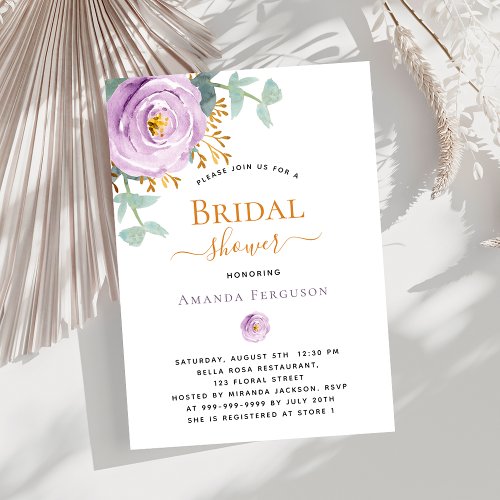 Violet purple floral greenery luxury Bridal Shower Invitation