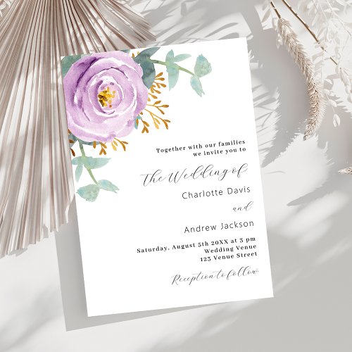 Violet purple floral greenery wedding invitation