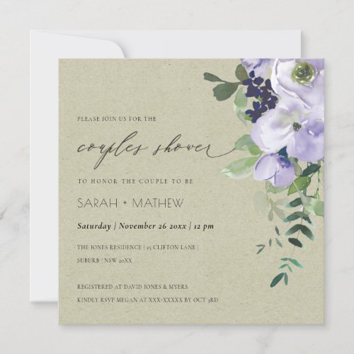 Violet Purple Floral Kraft Couples Shower Invite