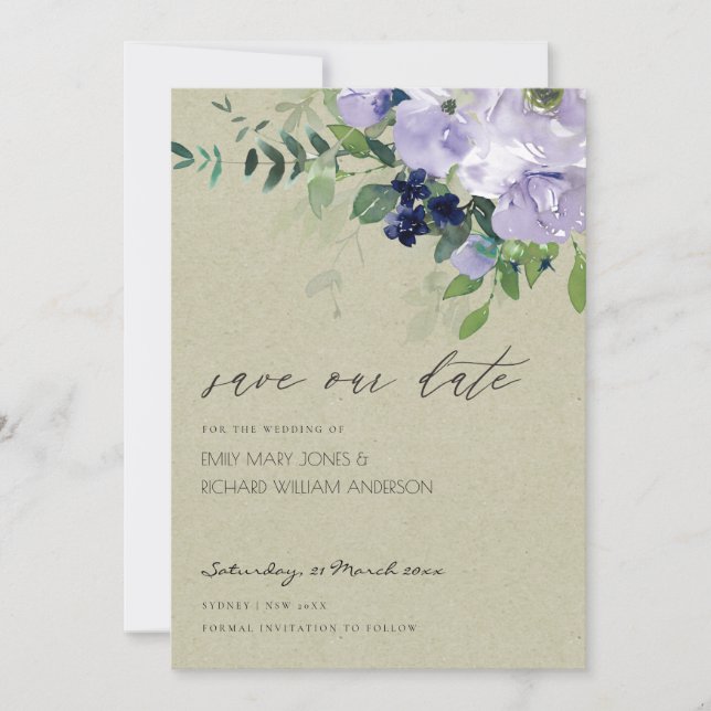 Violet Purple Floral Kraft Save the Date Invite (Front)