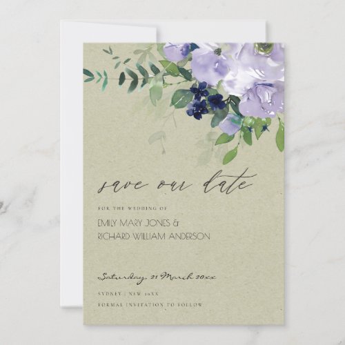 Violet Purple Floral Kraft Save the Date Invite