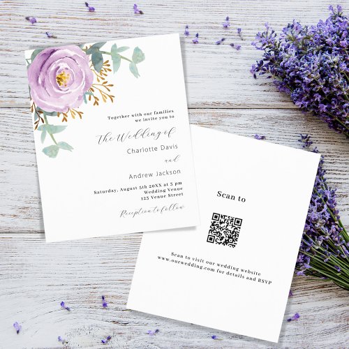 Violet purple floral QR code RSVP budget wedding