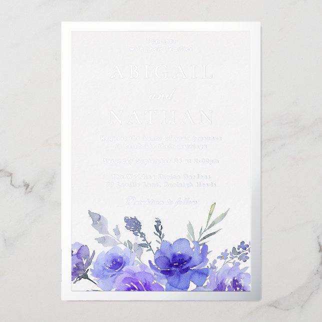 Violet Purple Floral Wedding Silver Foil Border Invitation (Front)