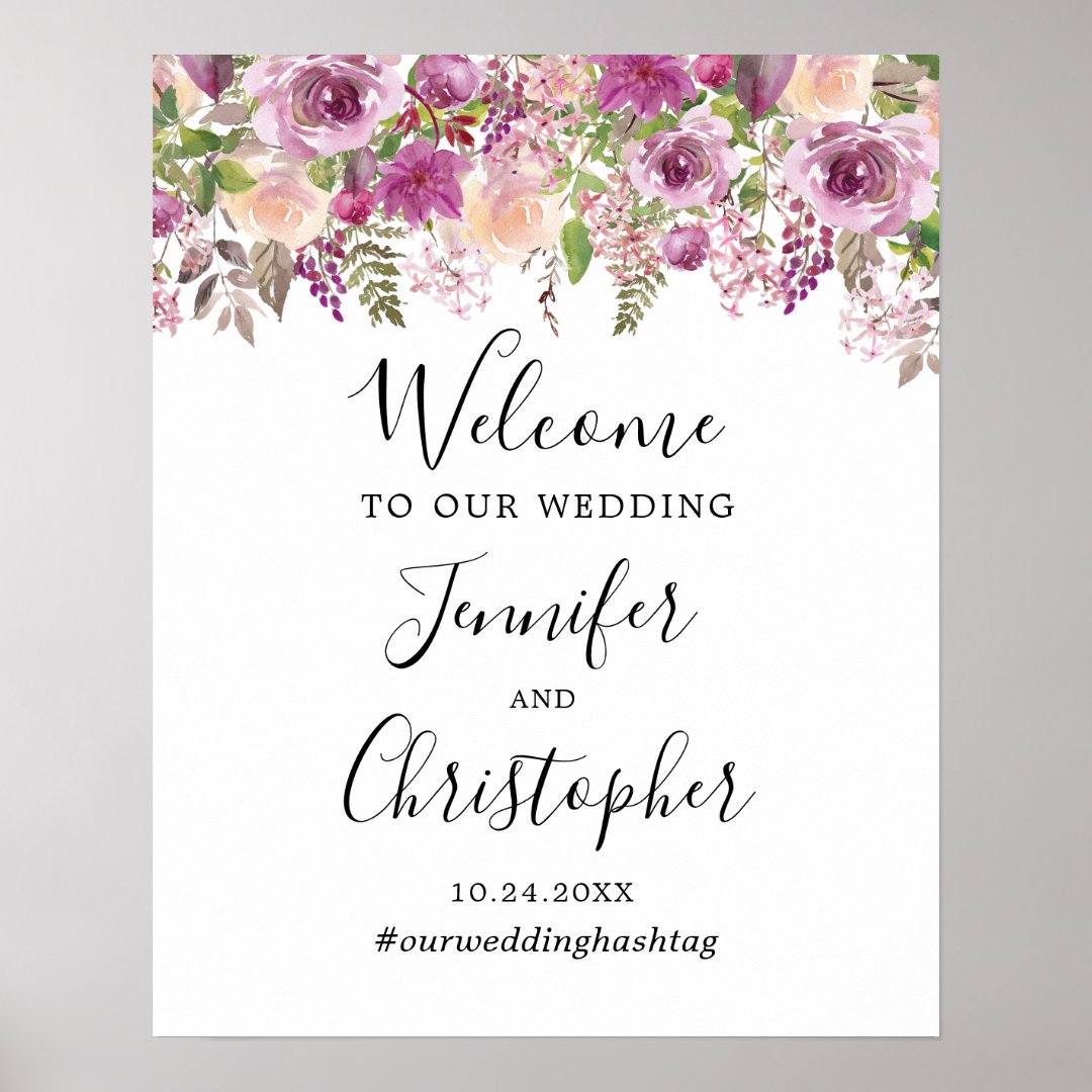 Violet Purple Floral Wedding Welcome Sign | Zazzle