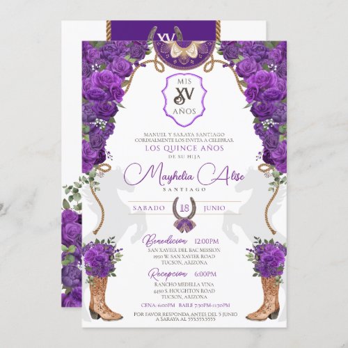 Violet Purple Floral Western Charro Quinceaera  Invitation