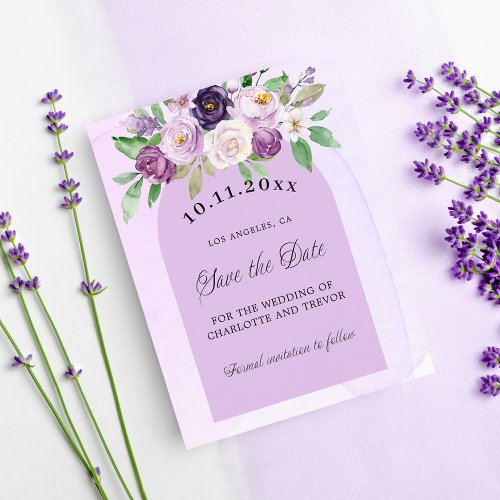 Violet purple florals budget wedding save the date