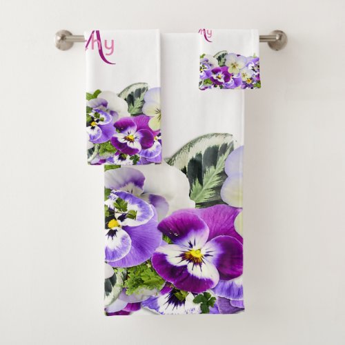 Violet purple florals white monogram bath towel set