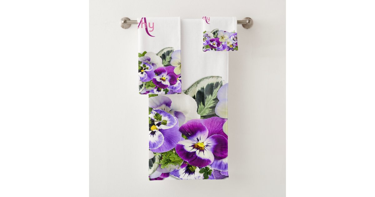 Violet purple florals white monogram bath towel set Zazzle