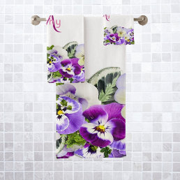 Violet purple florals white monogram bath towel set