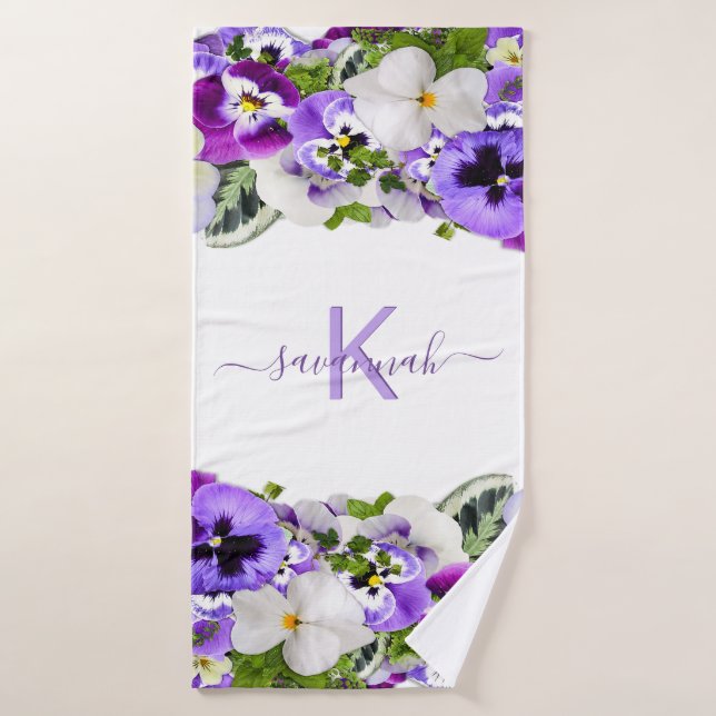 Violet purple florals white monogram name script bath towel (Bath Towel)