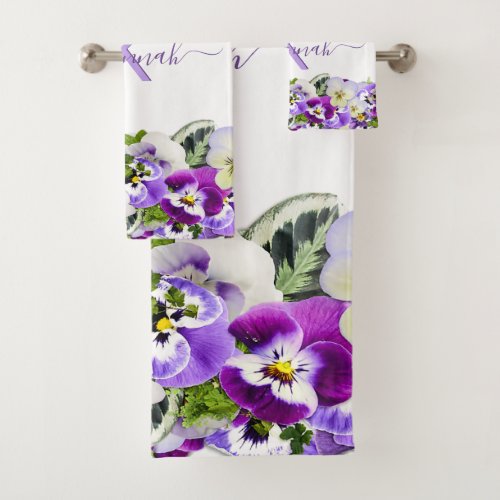 Violet purple florals white monogram name script bath towel set