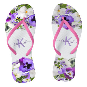 Violet purple florals white monogram name script flip flops