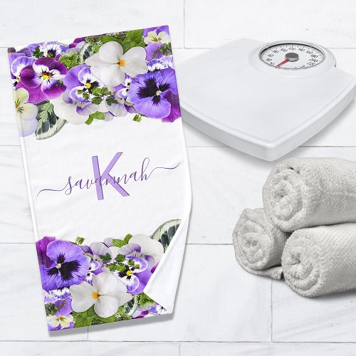 Violet purple florals white monogram name script hand towel 