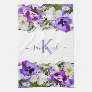Violet purple florals white monogram name script kitchen towel