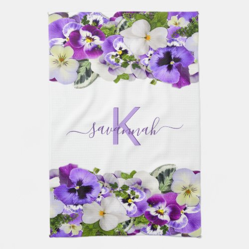 Violet purple florals white monogram name script kitchen towel